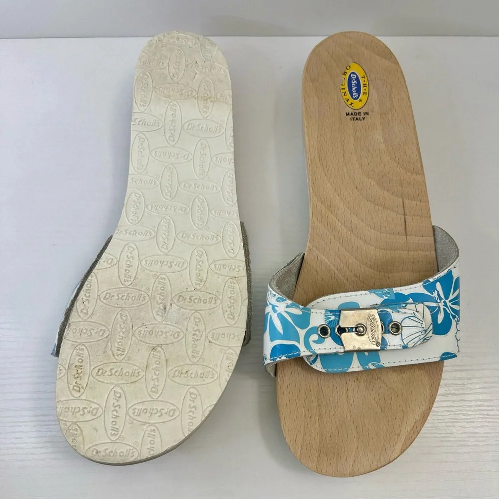 Dr Scholl’s Vintage Blue & White Hawaiian Hibiscus Silver Buckle Sandal Size 10 - Picture 8 of 14